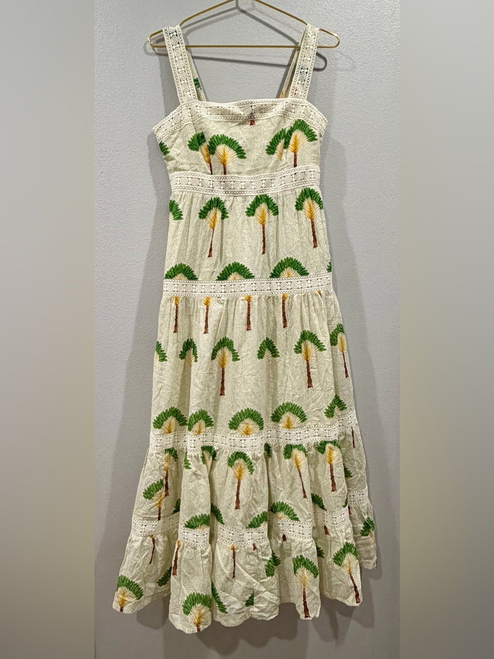 Calypso St. Barth Cream Maxi Dress with Green & Yellow Palm Motif Size Small NWT